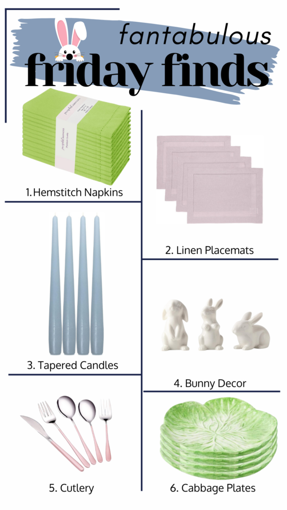 East Table decor with napkins and placemats, cute bunny decor and tapered candles