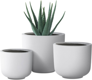 Trio of outdoor concrete, white planters