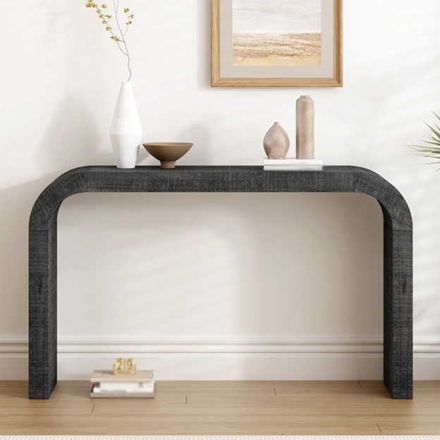 Curved grey console for entryway in lawrence park, Toronto